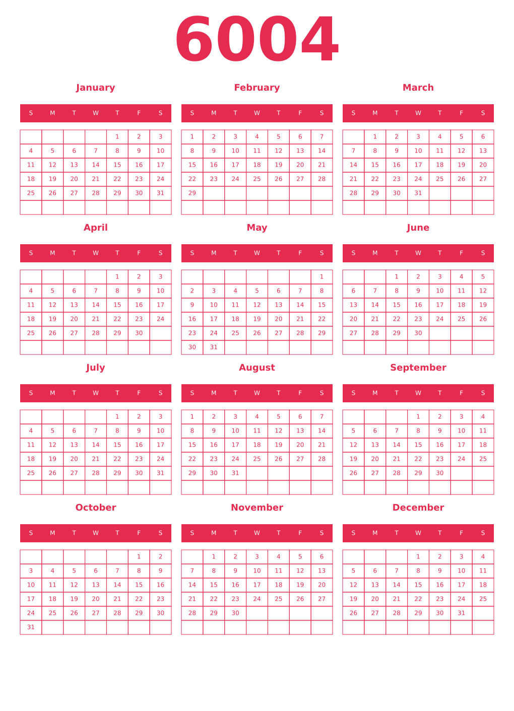 Printable 6004 Year Calendars amaranth
