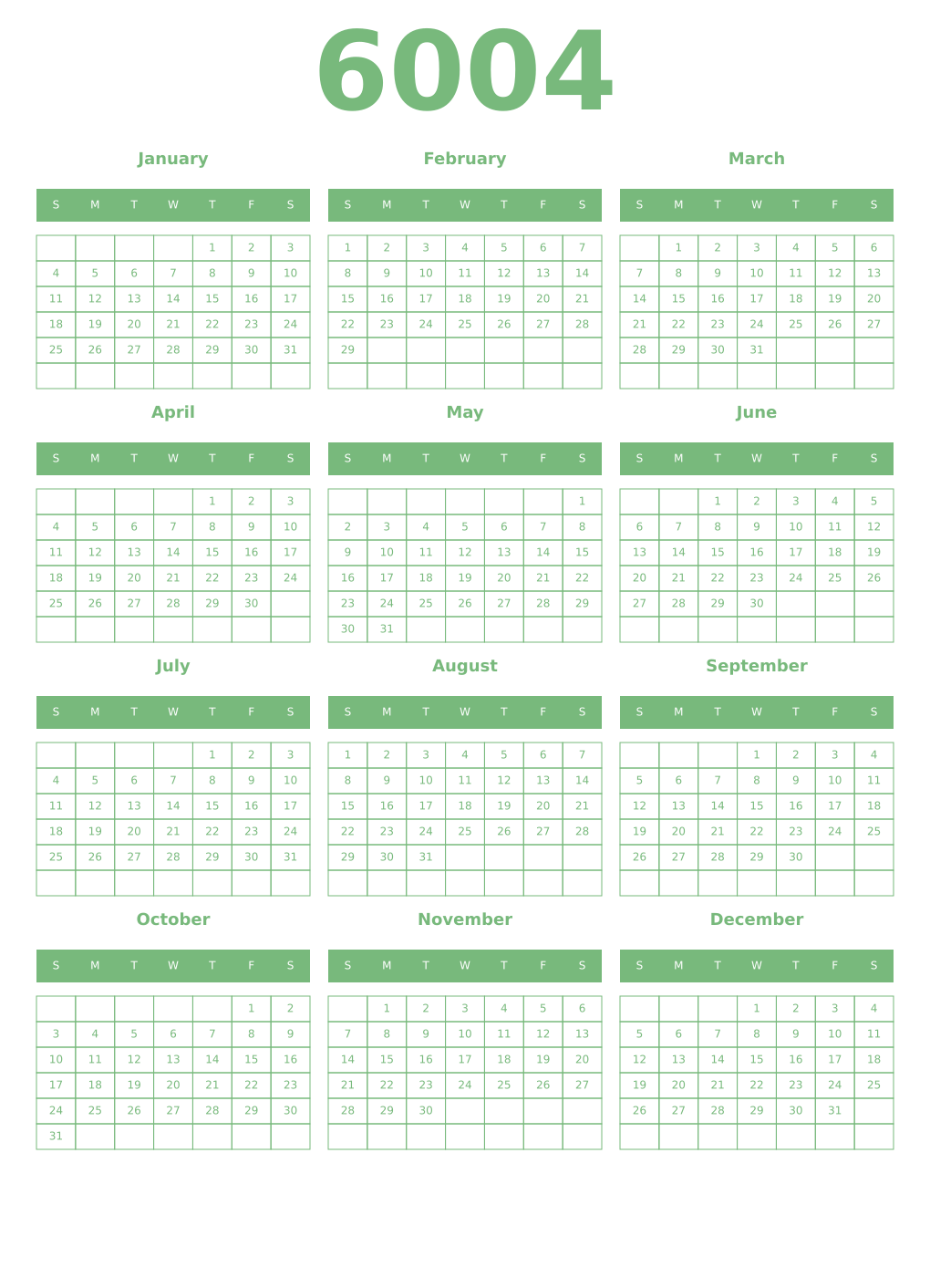 Printable 6004 Year Calendars celadon