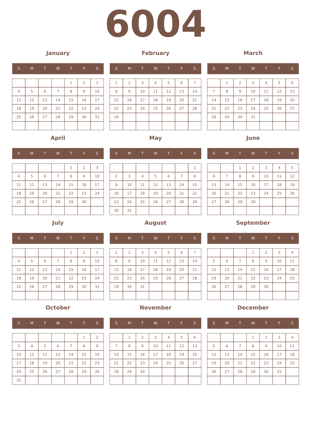 Printable 6004 Year Calendars coffe