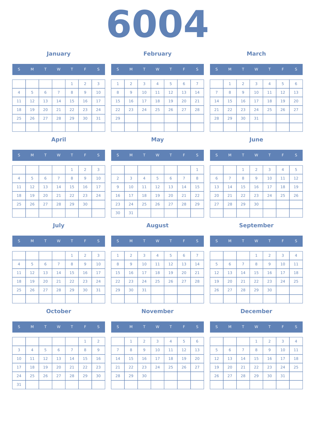 Printable 6004 Year Calendars glaucous