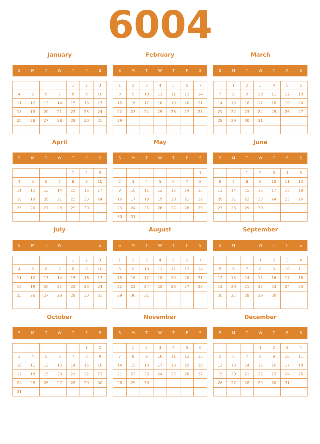 Printable 6004 Year Calendars orange