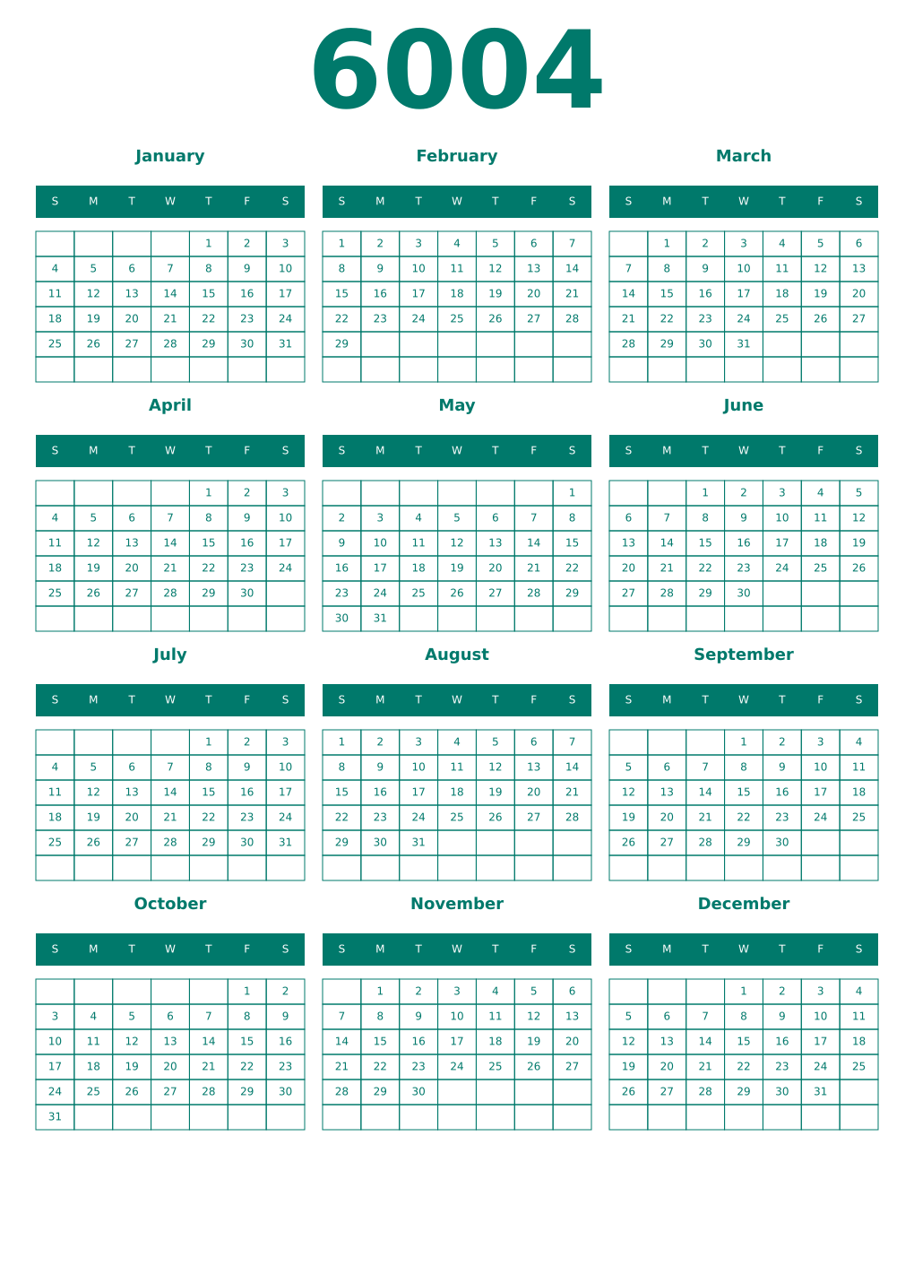 Printable 6004 Year Calendars pastel