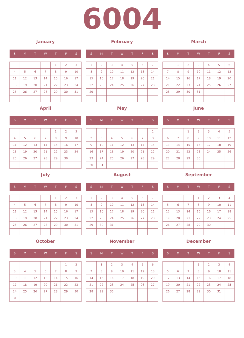 Printable 6004 Year Calendars puce