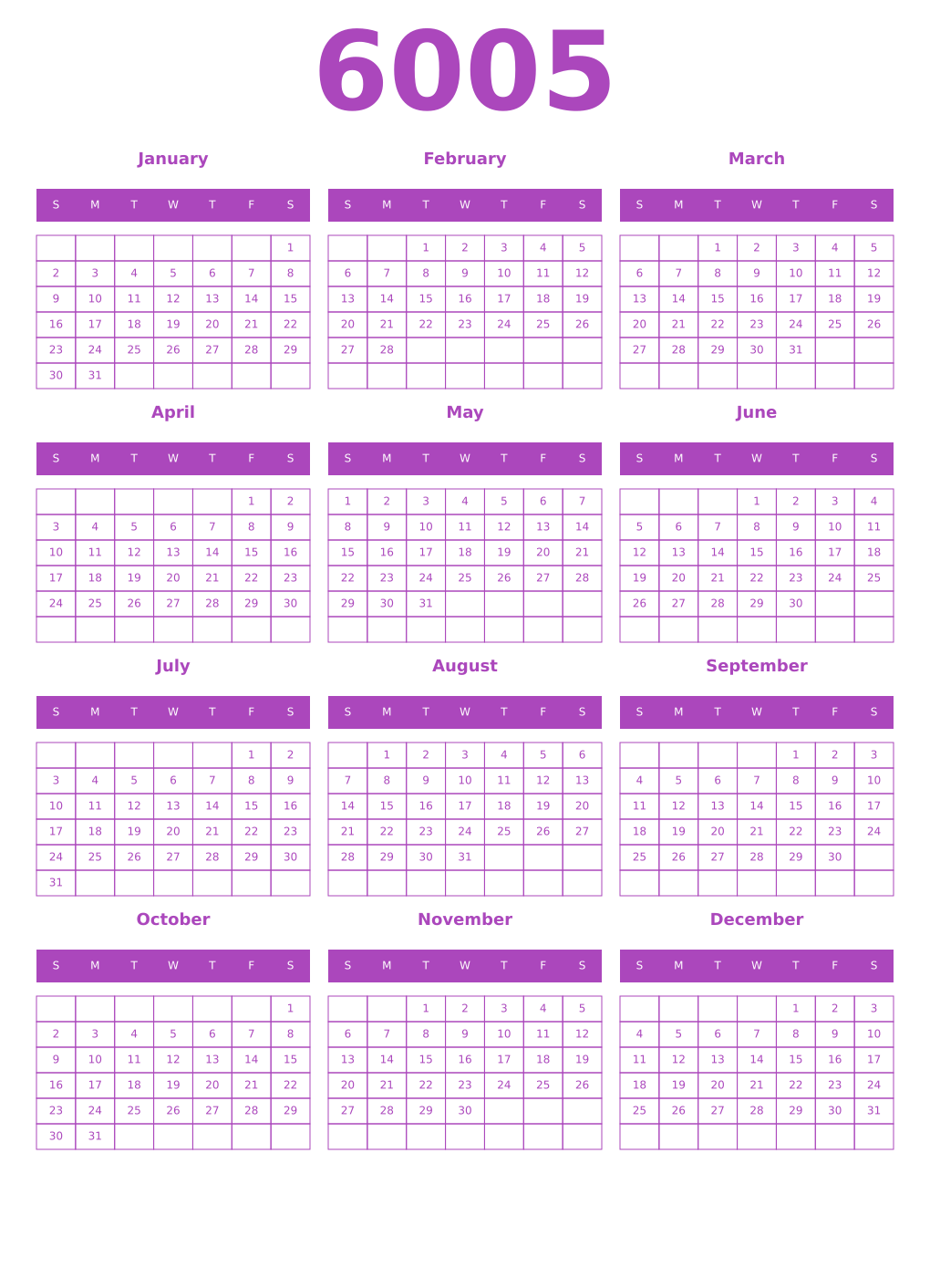 Printable 6005 Calendars