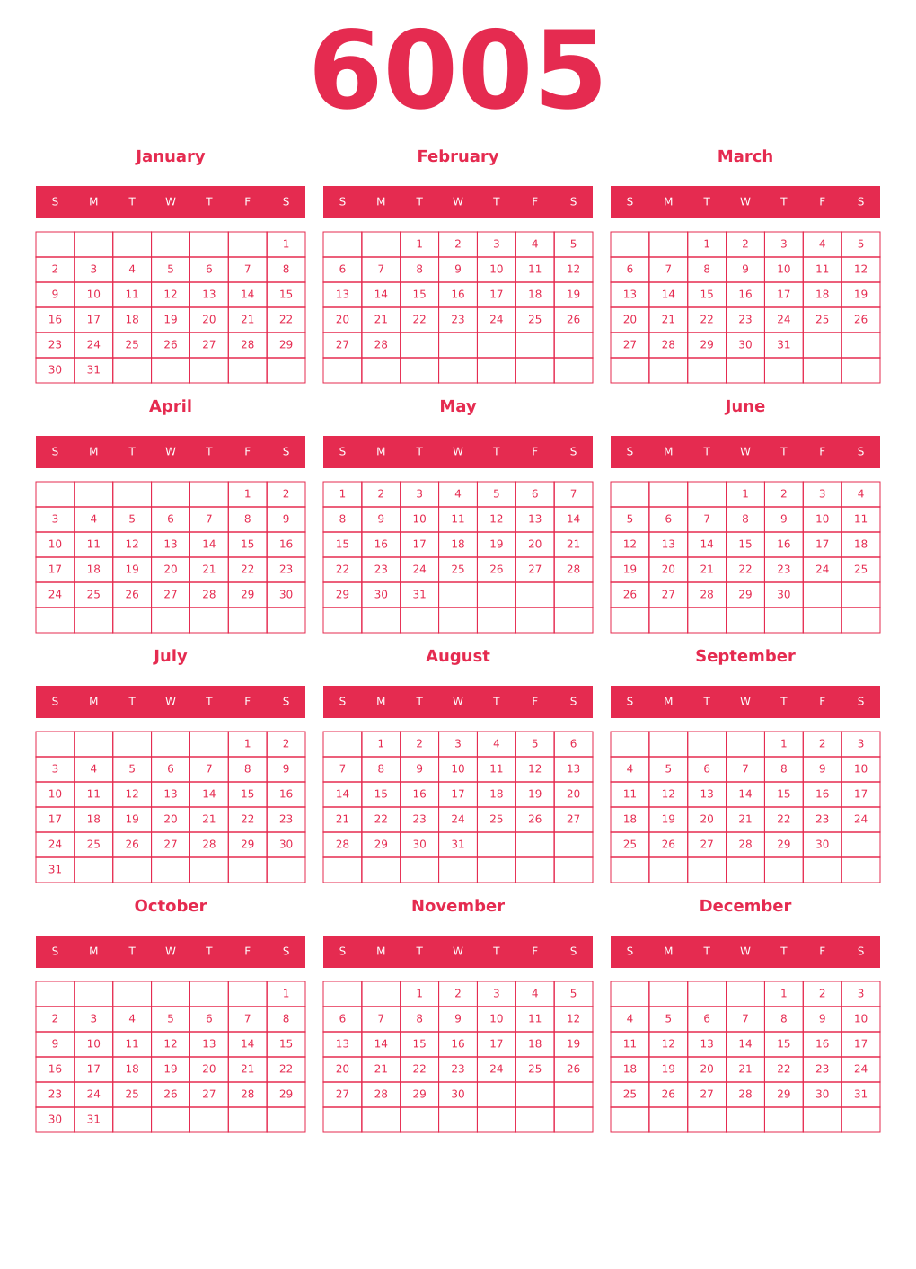 Printable 6005 Year Calendars amaranth
