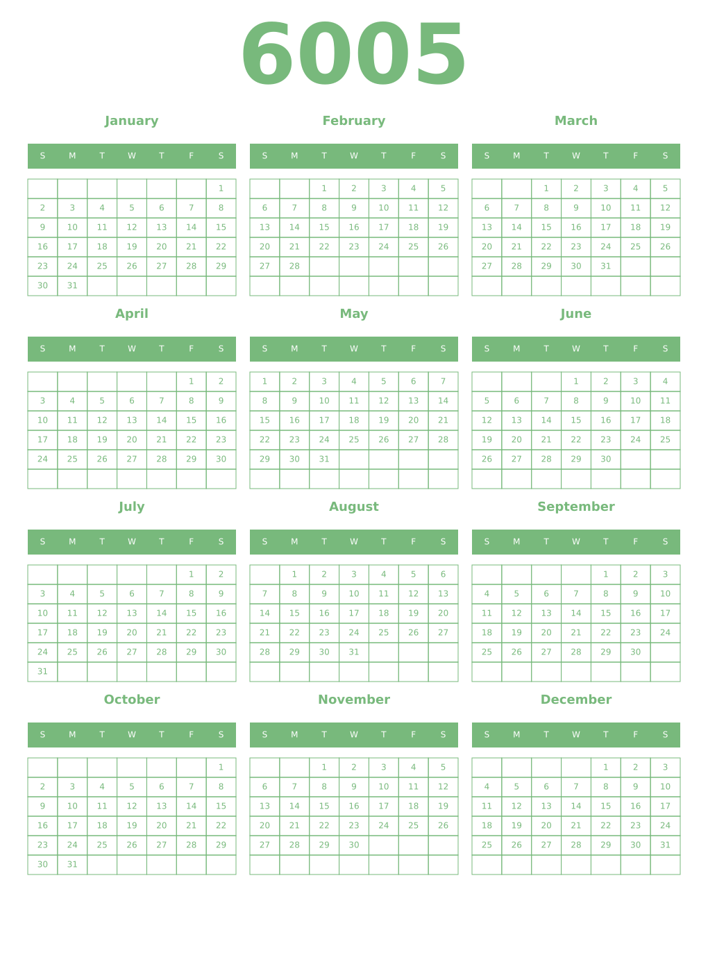 Printable 6005 Year Calendars celadon
