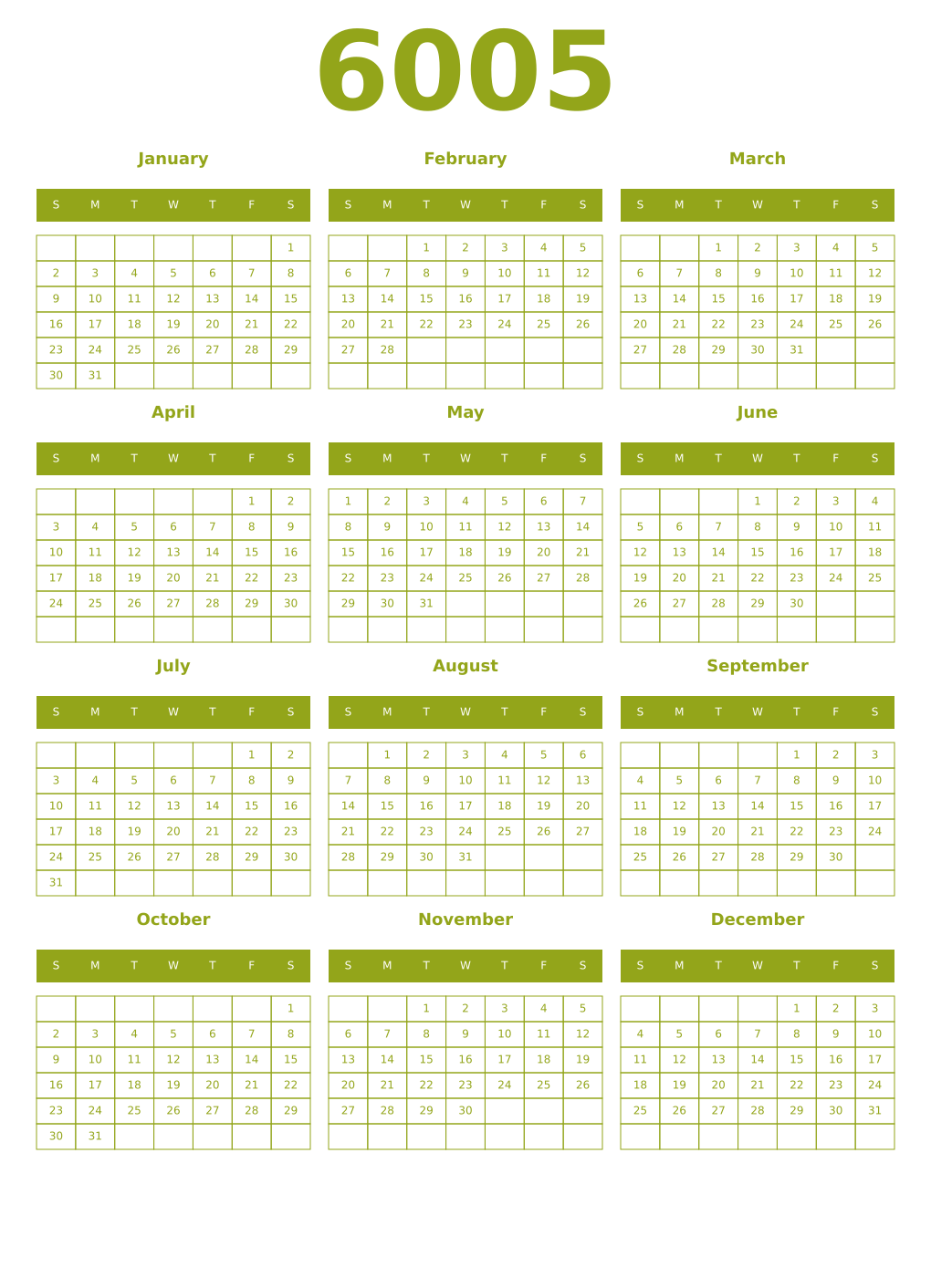 Printable 6005 Year Calendars chartreuse