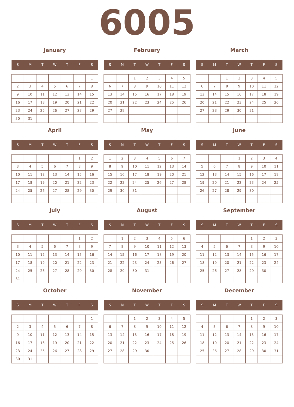 Printable 6005 Year Calendars coffe