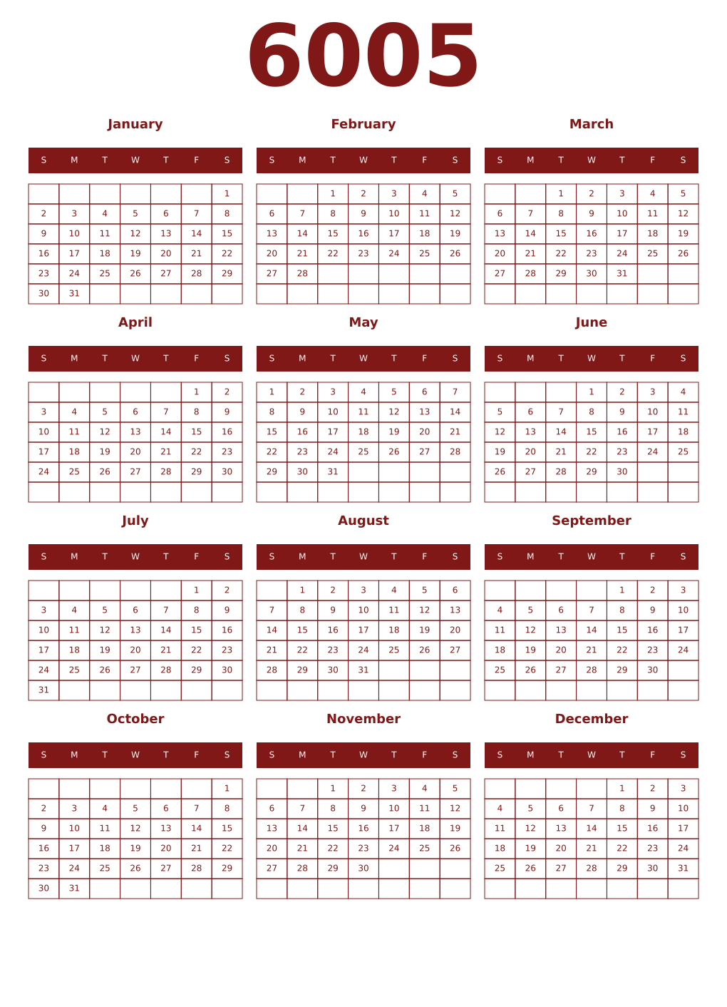 Printable 6005 Year Calendars falu