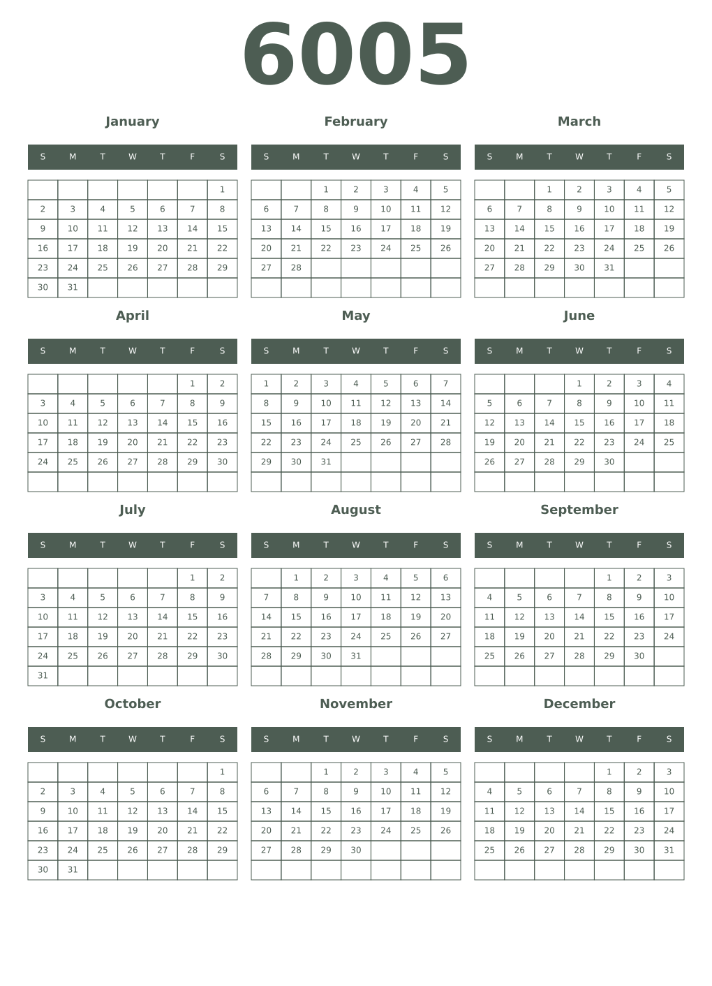 Printable 6005 Year Calendars feldgrau