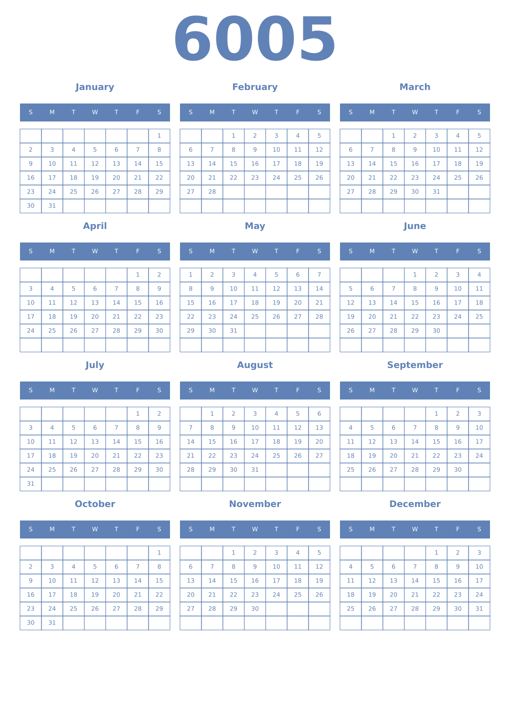 Printable 6005 Year Calendars glaucous