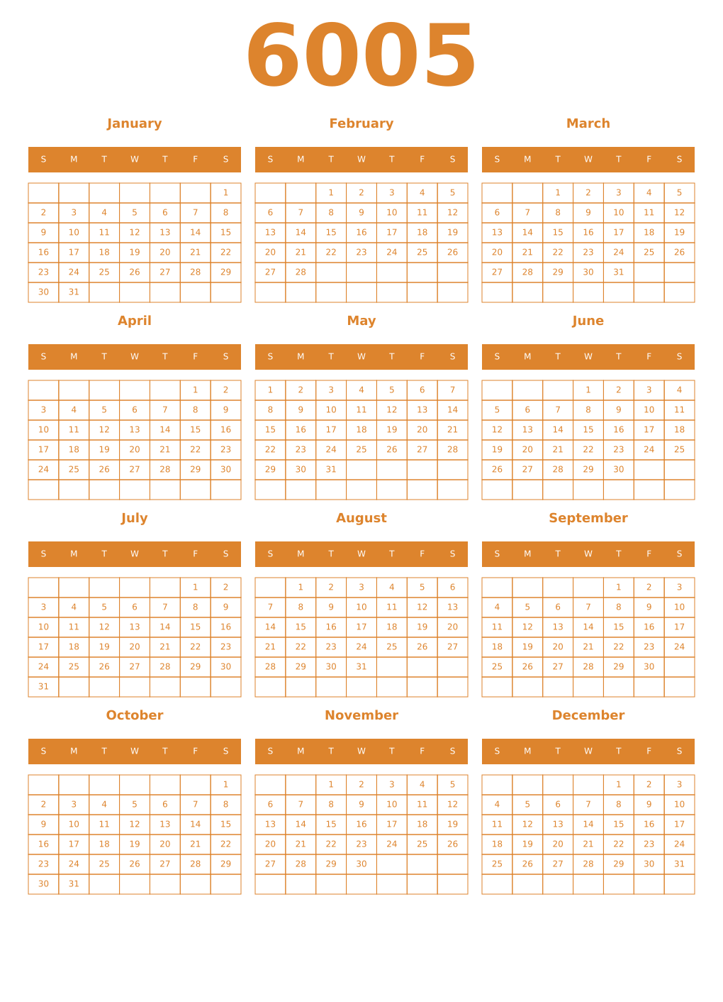 Printable 6005 Year Calendars orange