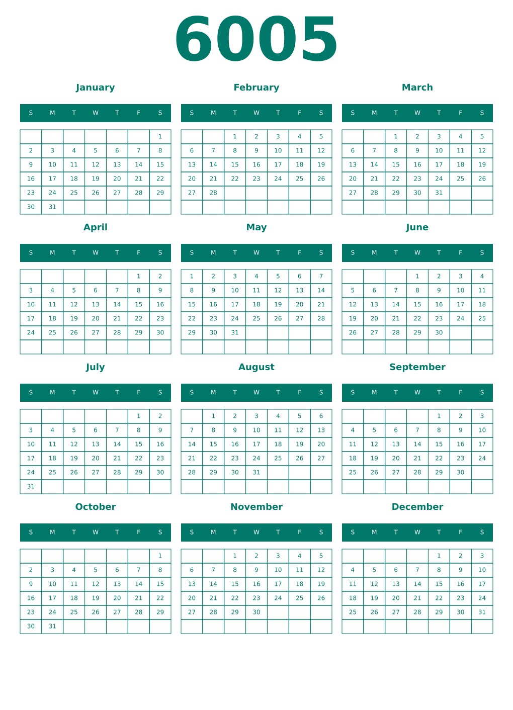 Printable 6005 Year Calendars pastel