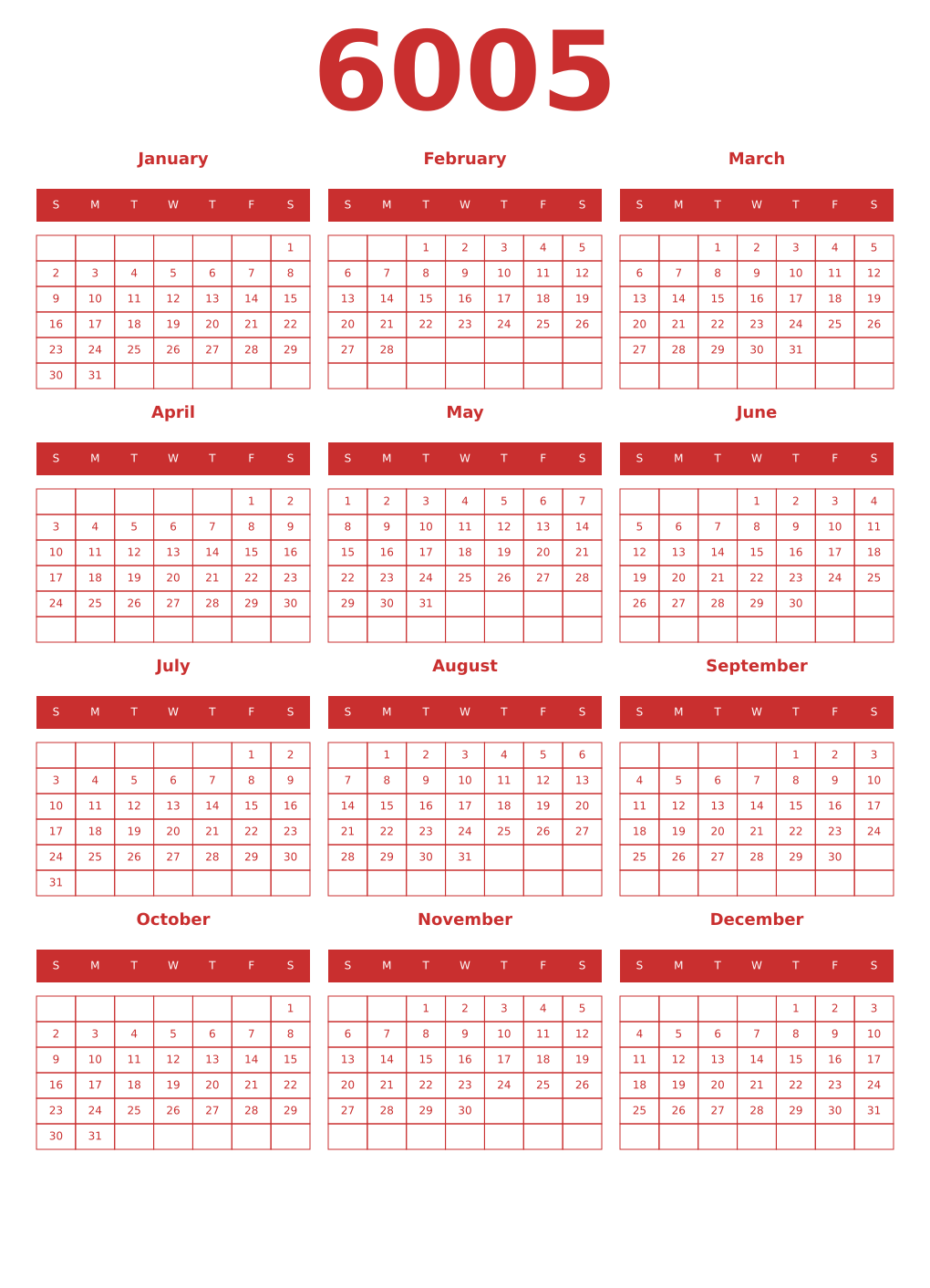 Printable 6005 Year Calendars red
