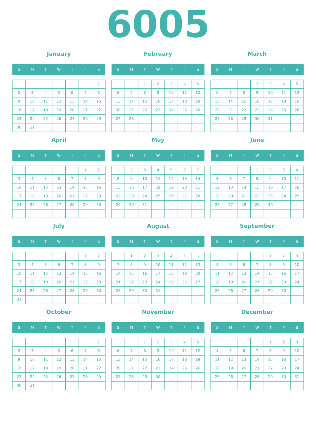 Printable 6005 Year Calendars verdigris