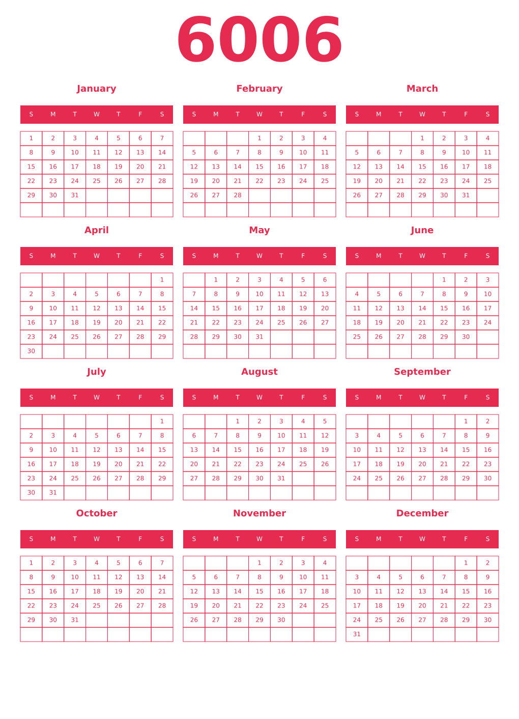 Printable 6006 Year Calendars amaranth