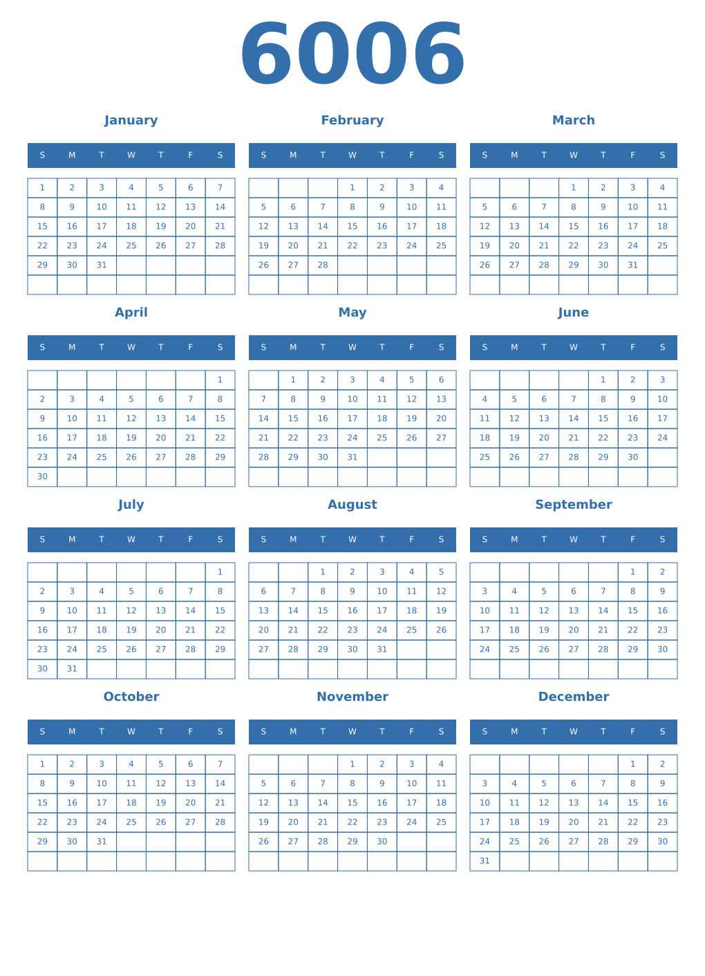 Printable 6006 Year Calendars blue