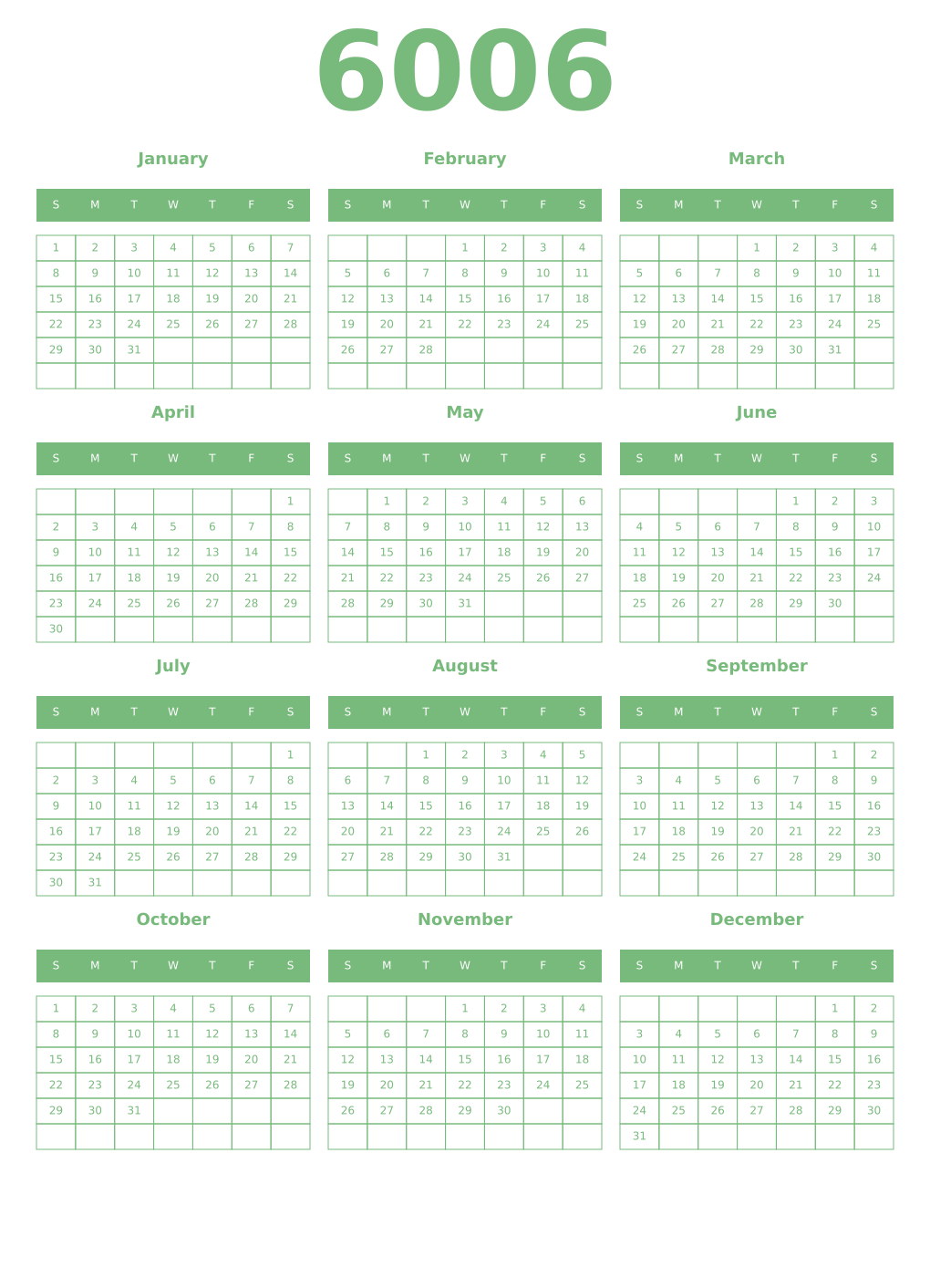 Printable 6006 Year Calendars celadon