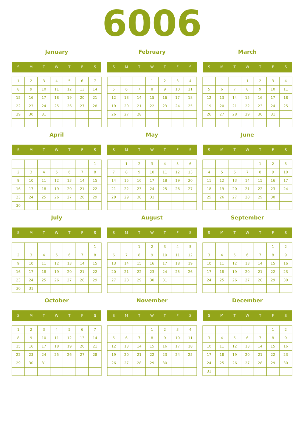 Printable 6006 Year Calendars chartreuse