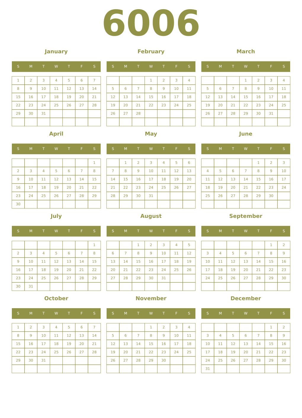 Printable 6006 Year Calendars eburnean