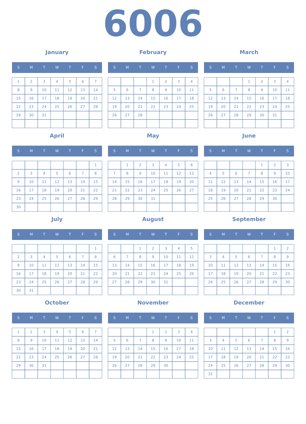 Printable 6006 Year Calendars glaucous