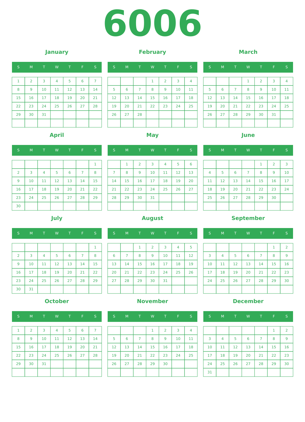 Printable 6006 Year Calendars green