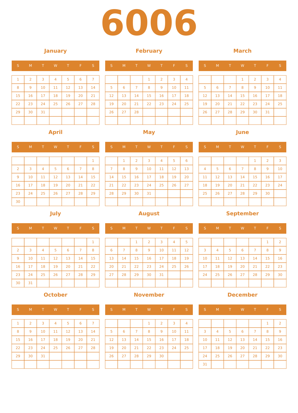 Printable 6006 Year Calendars orange