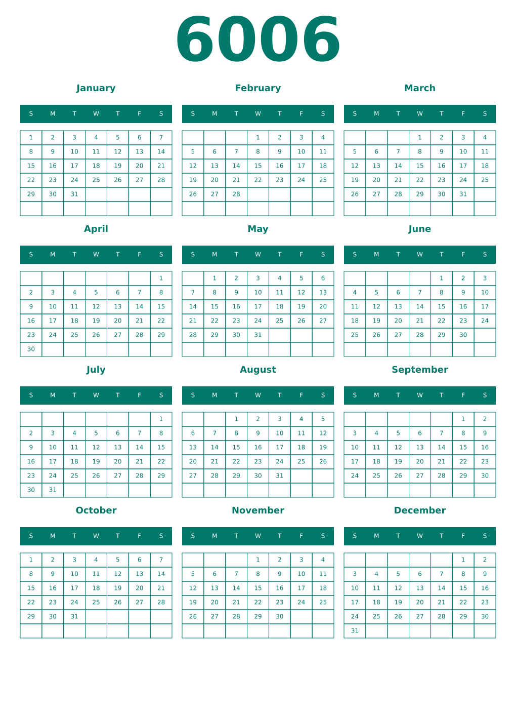 Printable 6006 Year Calendars pastel