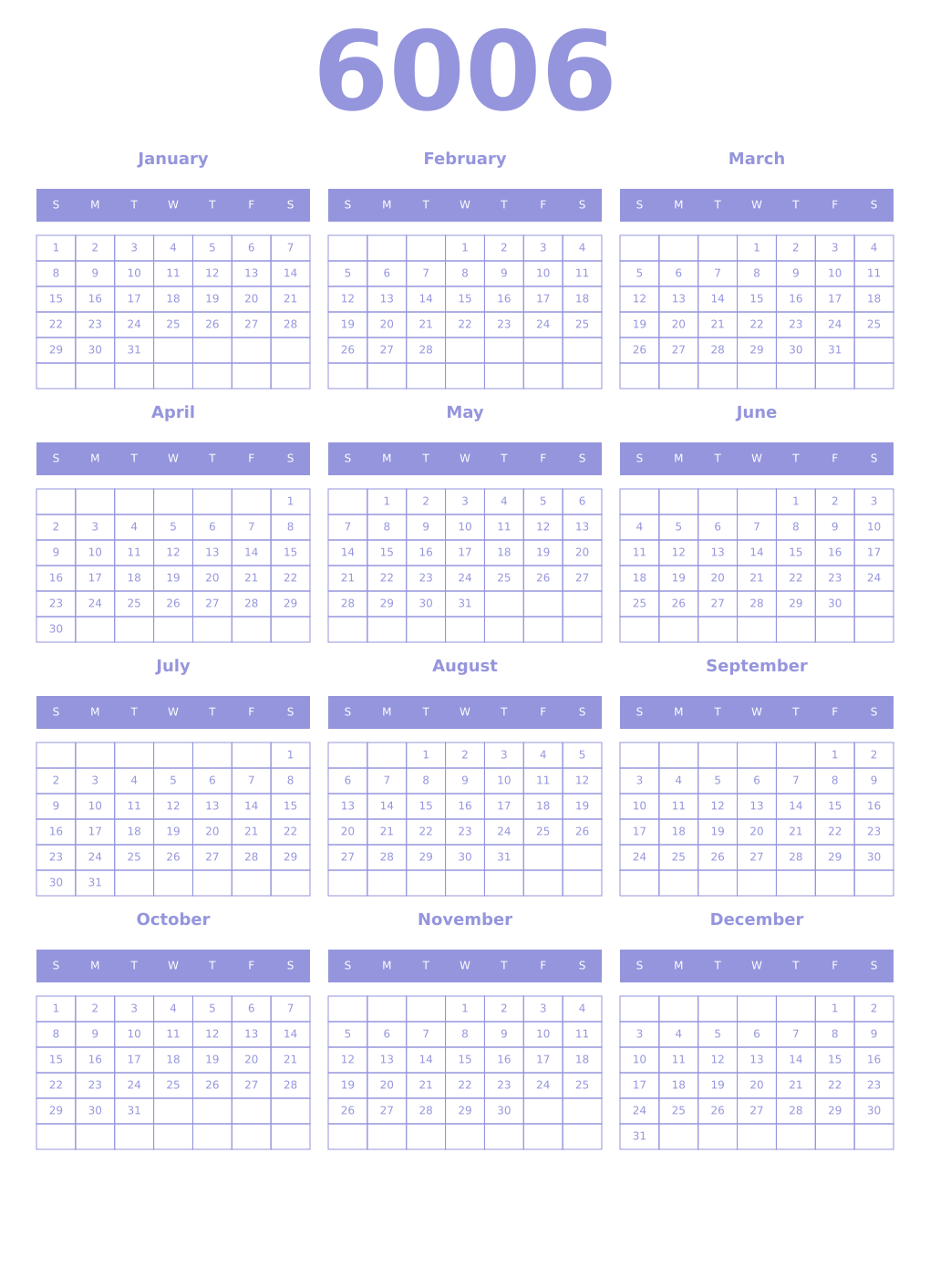 Printable 6006 Year Calendars periwinkle