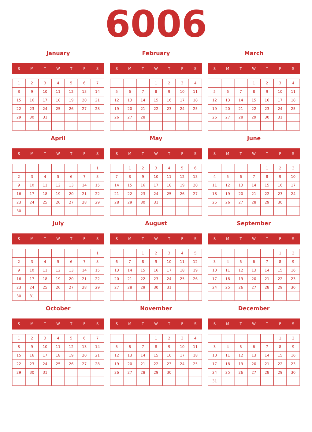Printable 6006 Year Calendars red