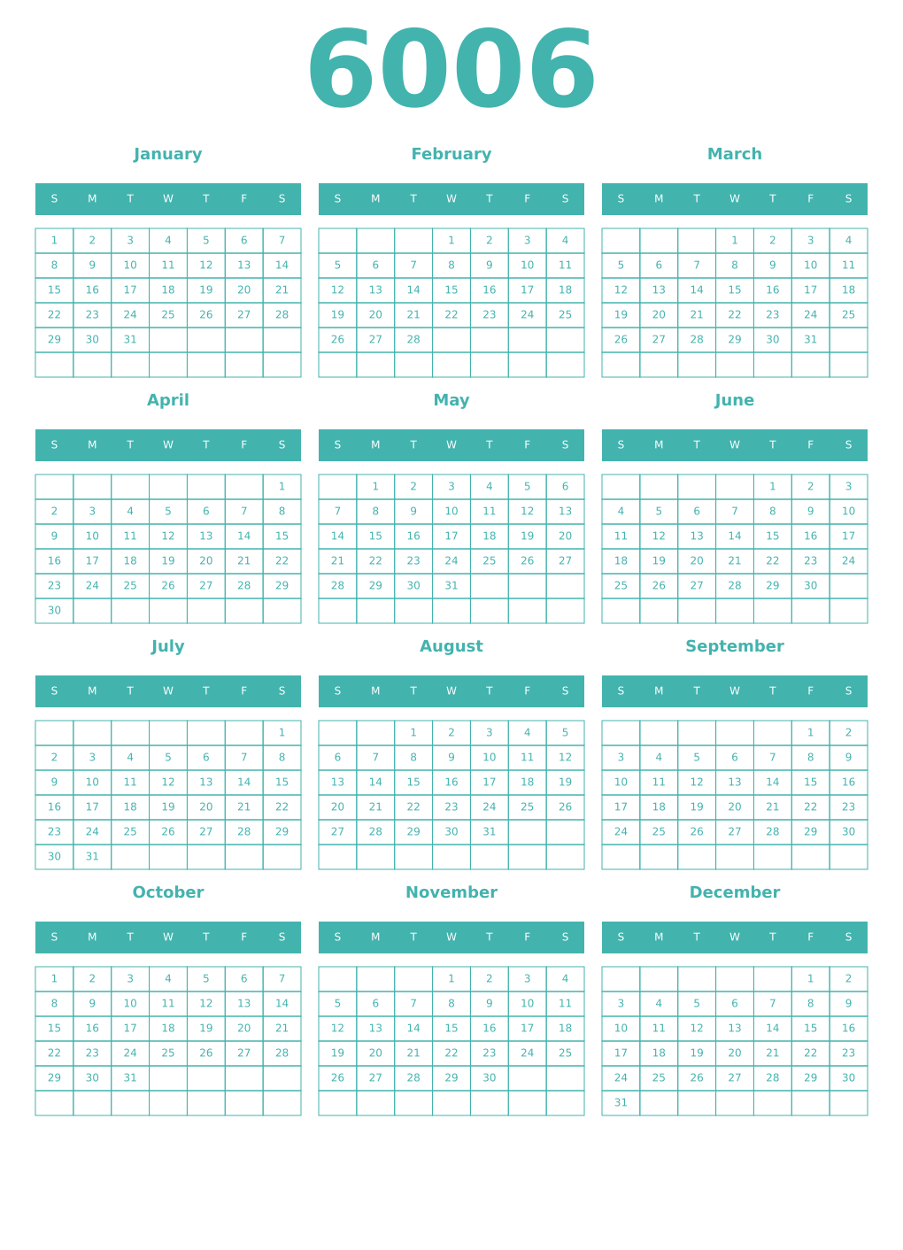Printable 6006 Year Calendars verdigris