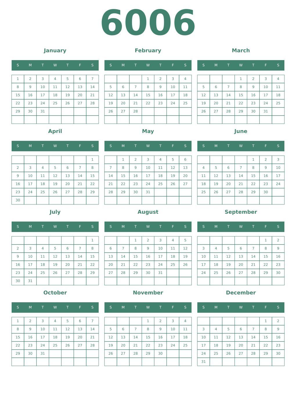 Printable 6006 Year Calendars viridian