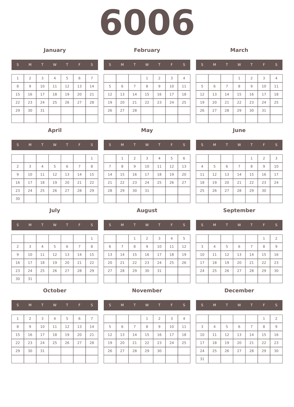 Printable 6006 Year Calendars wenge