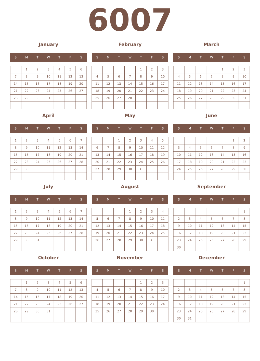 Printable 6007 Year Calendars coffe