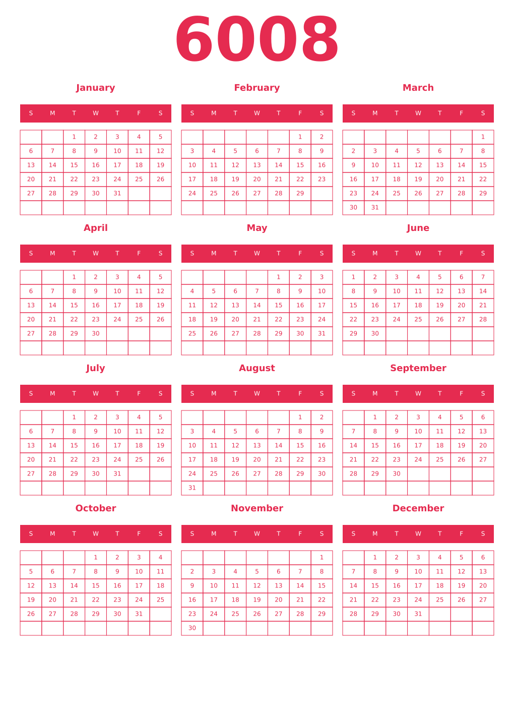 Printable 6008 Year Calendars amaranth