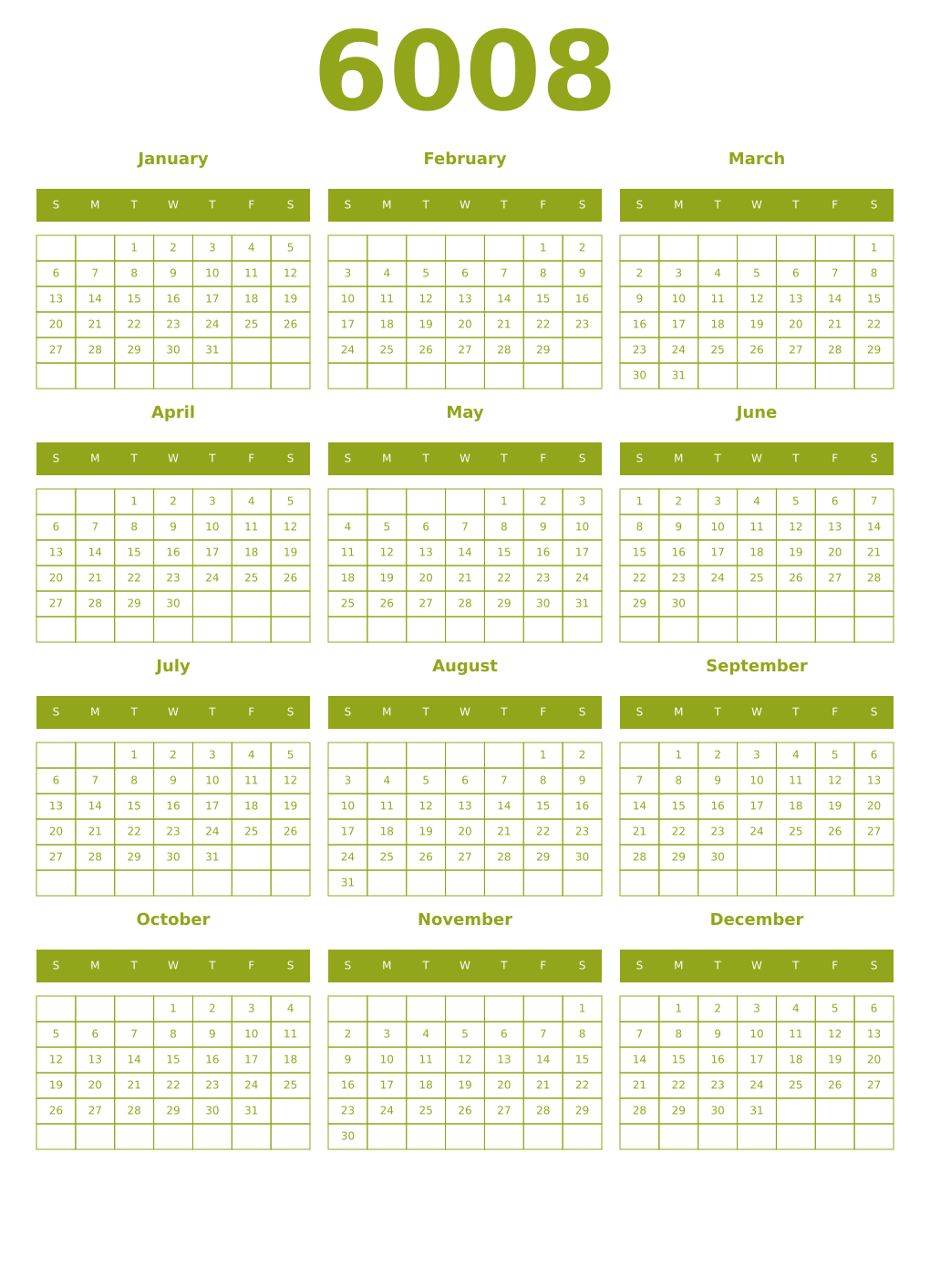 Printable 6008 Year Calendars chartreuse