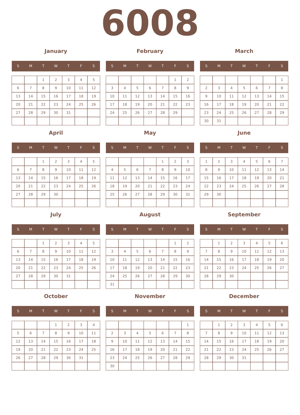 Printable 6008 Year Calendars coffe