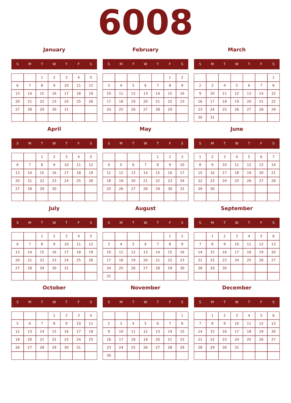 Printable 6008 Year Calendars falu