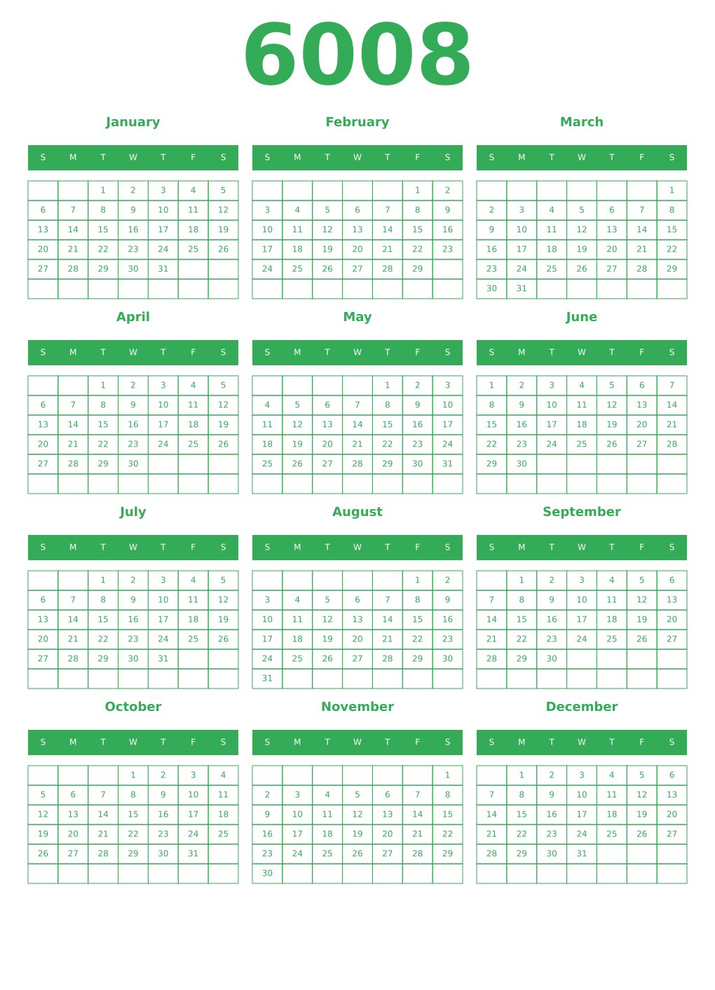 Printable 6008 Year Calendars green