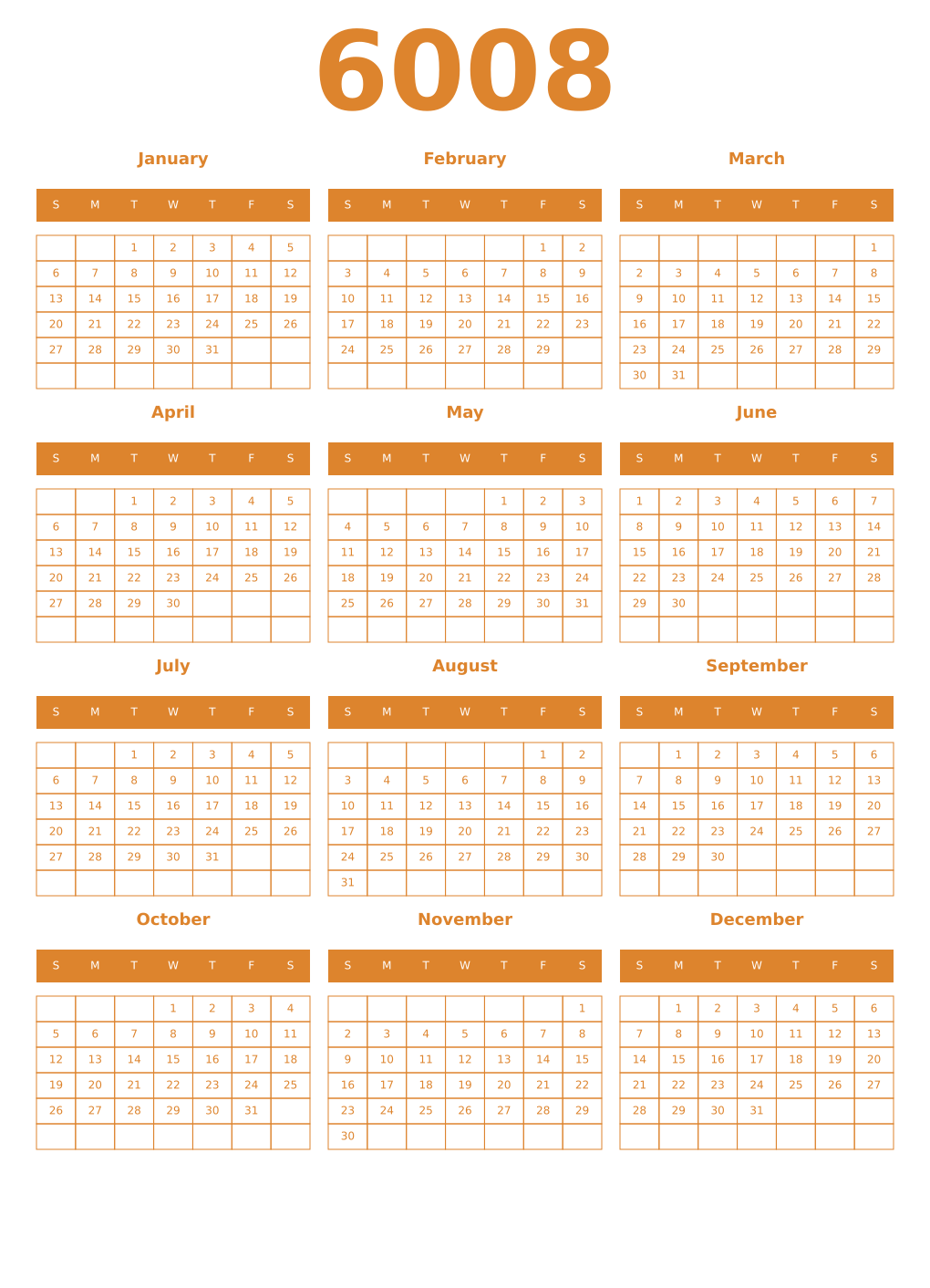 Printable 6008 Year Calendars orange