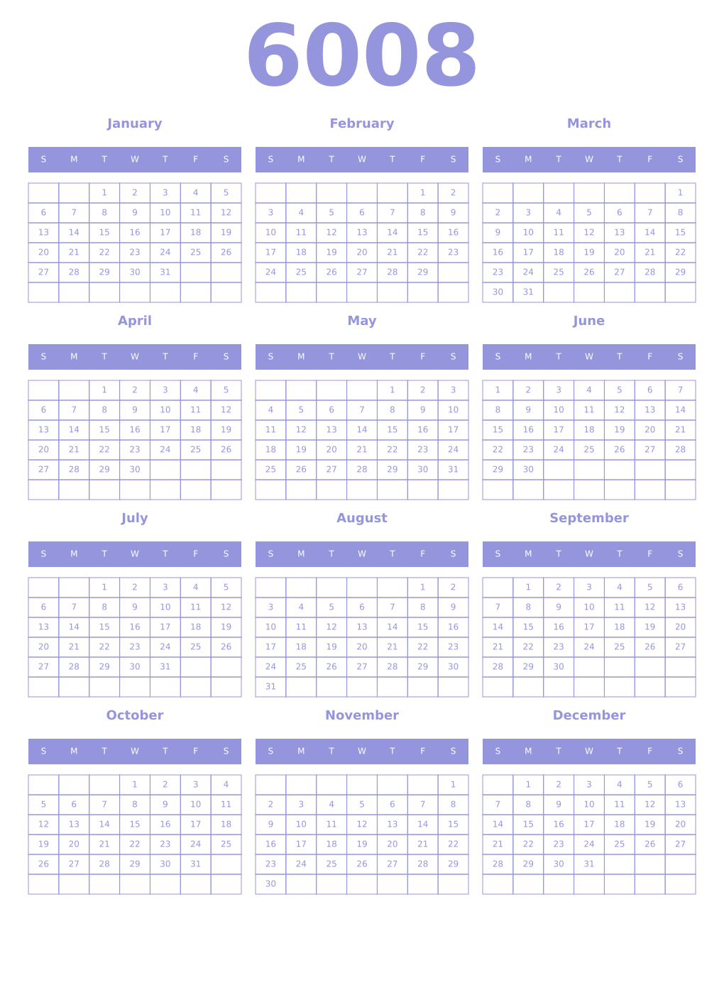 Printable 6008 Year Calendars periwinkle