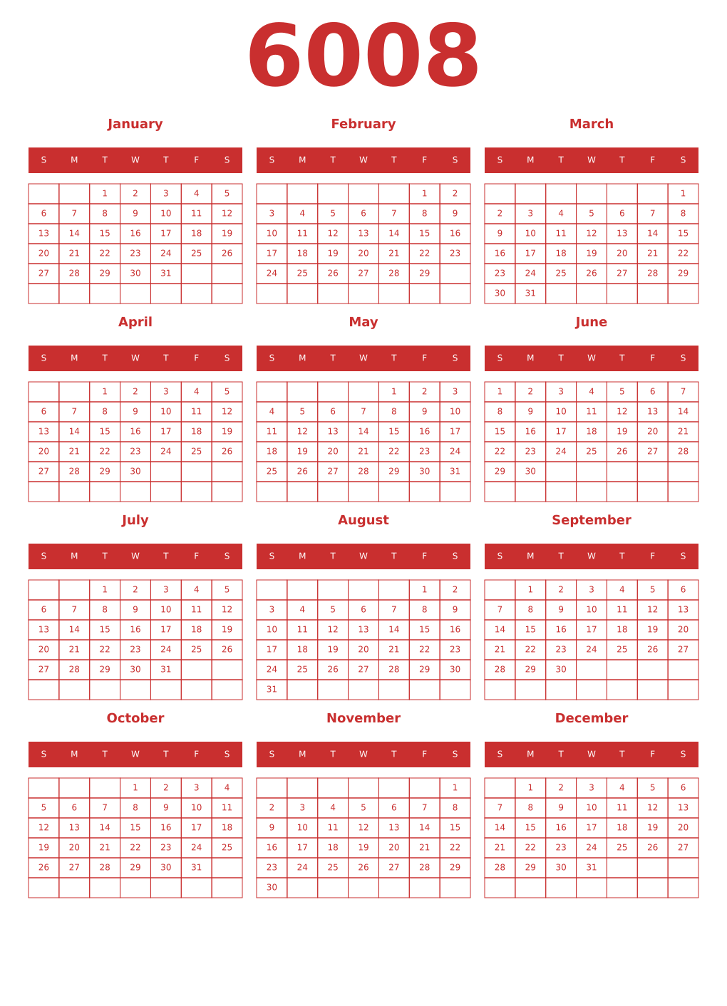 Printable 6008 Year Calendars red