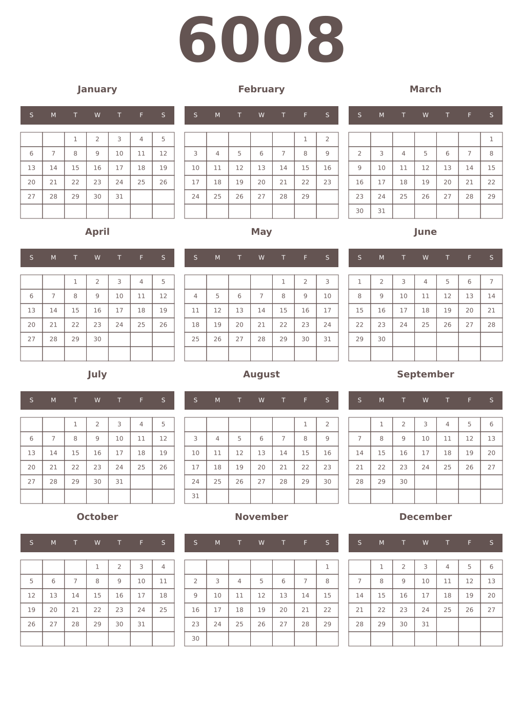 Printable 6008 Year Calendars wenge