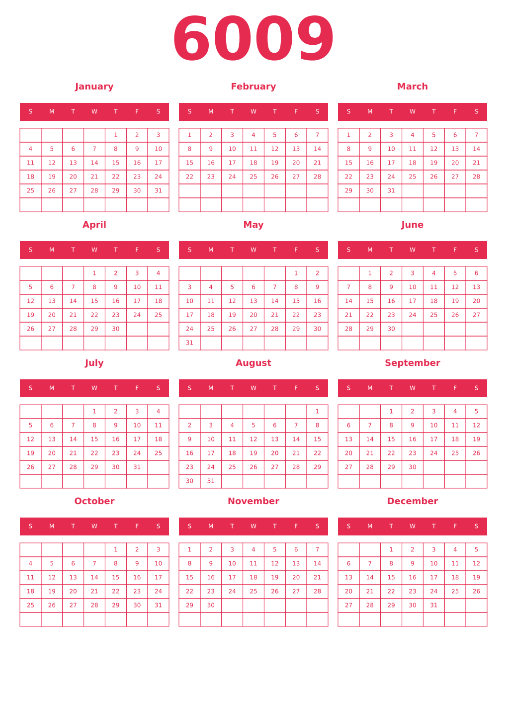 Printable 6009 Year Calendars amaranth