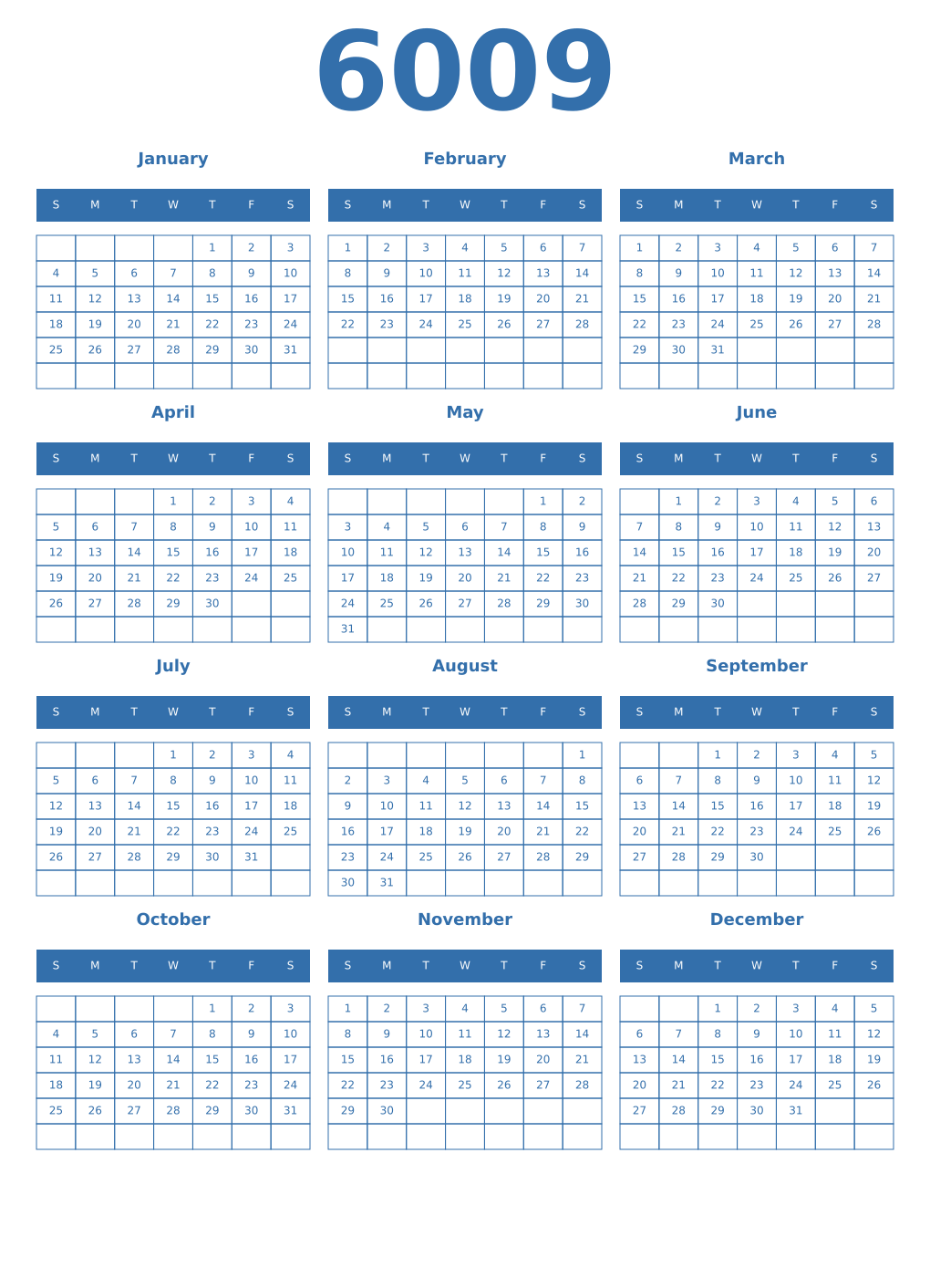 Printable 6009 Year Calendars blue