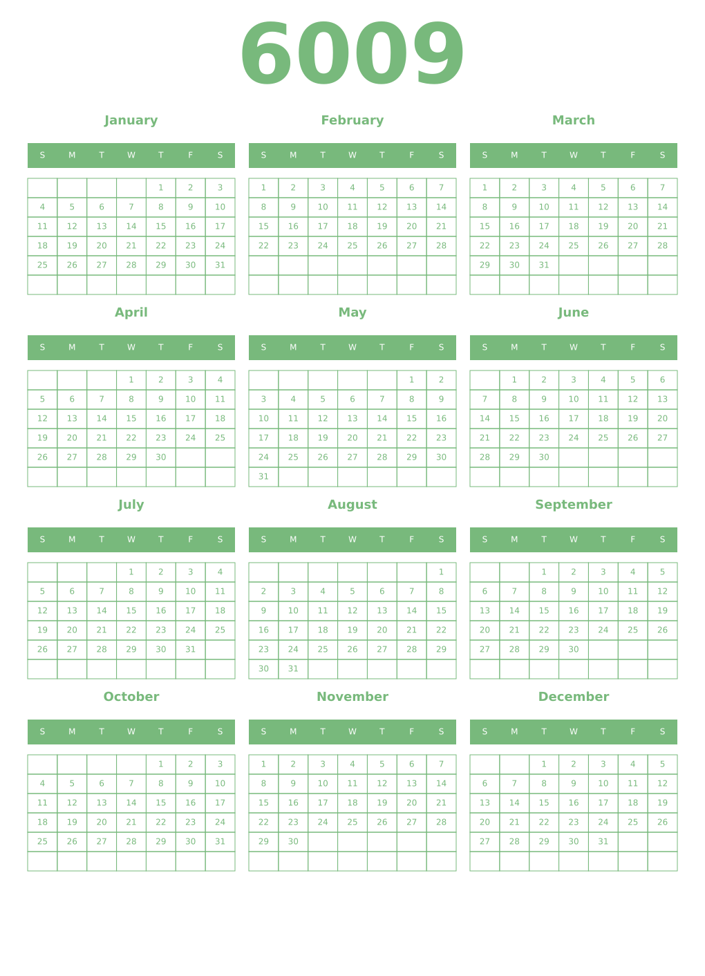 Printable 6009 Year Calendars celadon