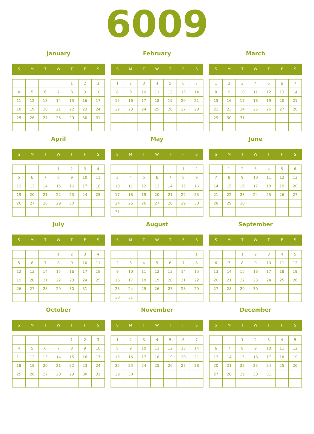 Printable 6009 Year Calendars chartreuse