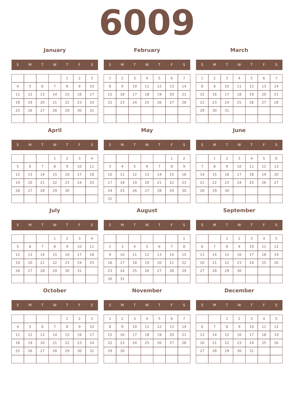 Printable 6009 Year Calendars coffe