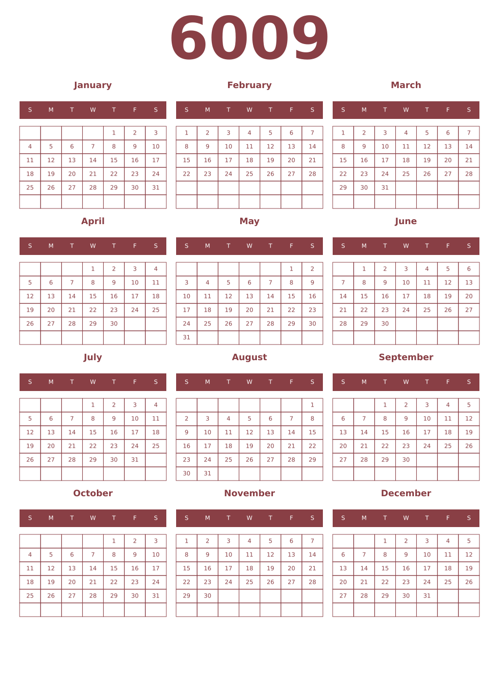 Printable 6009 Year Calendars cordovan