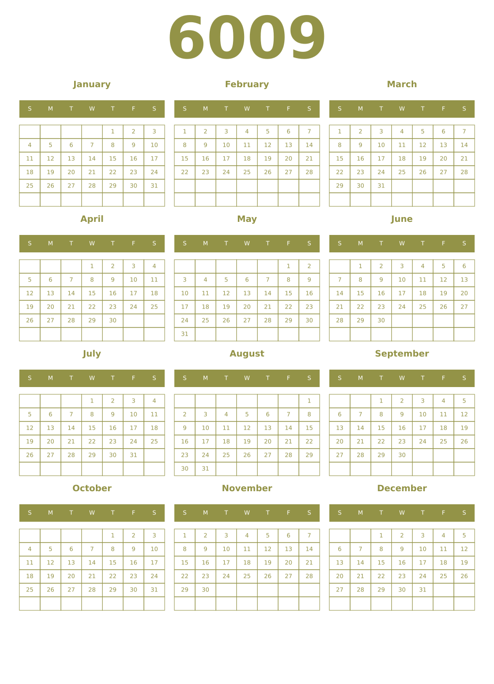 Printable 6009 Year Calendars eburnean